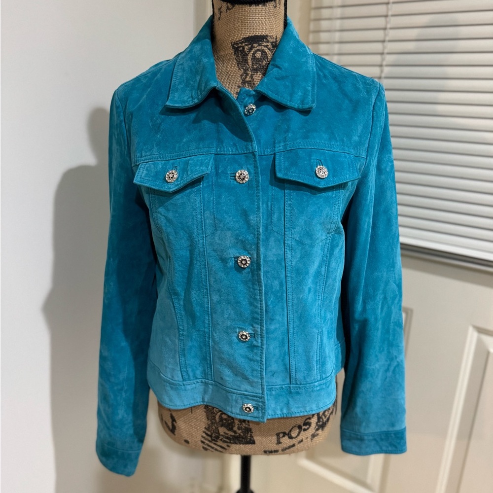 Yvonne Marie stunning turquoise blue suede leather jacket size M/L